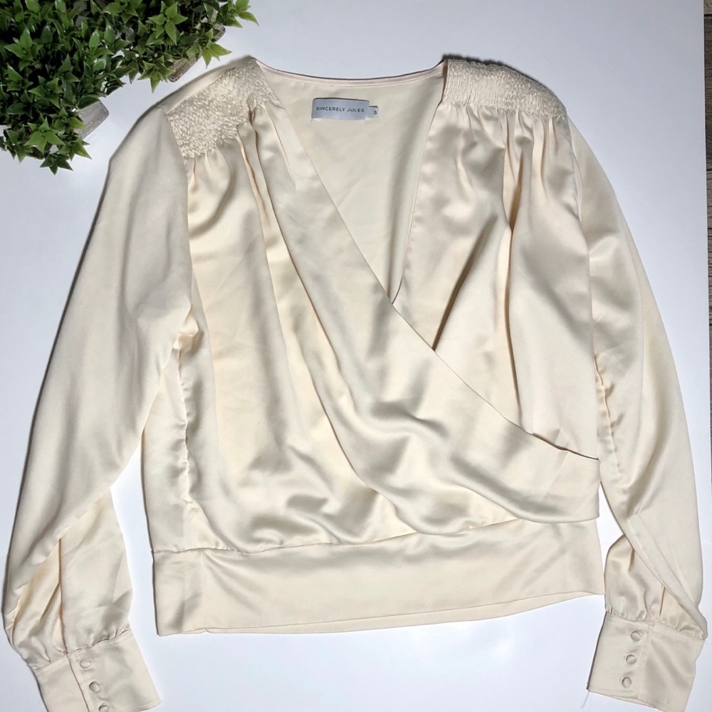 Sincerely Jules Cream Satin Wrap Blouse